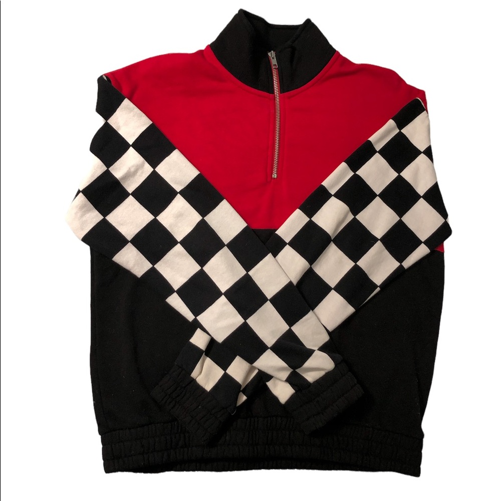 Checkered Color Block Quarter Zip Sweater